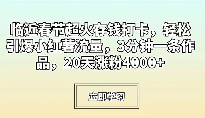 临近春节超火存钱打卡，轻松引爆小红薯流量，3分钟一条作品，20天涨粉4000+【揭秘】