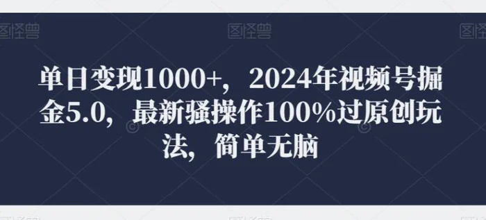 单日变现1000+，2024年视频号掘金5.0，最新骚操作100%过原创玩法，简单无脑，小白专属